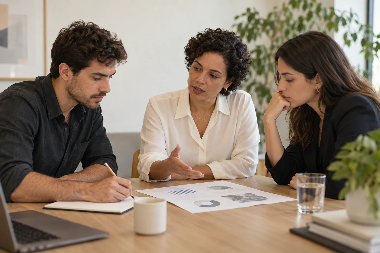 Profissional orienta uma equipe em uma conversa de liderança