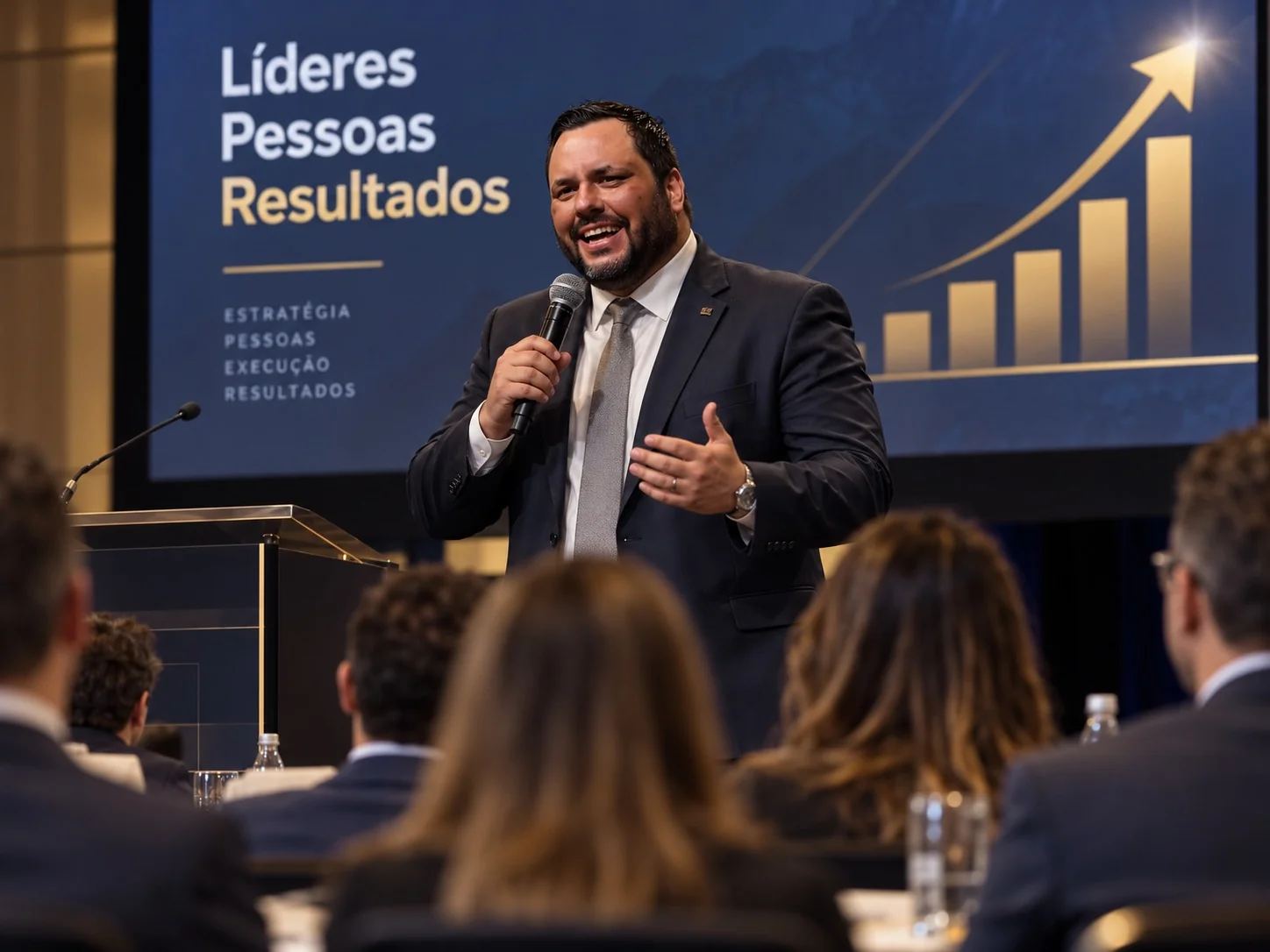 Thiago em apresentação diante de participantes