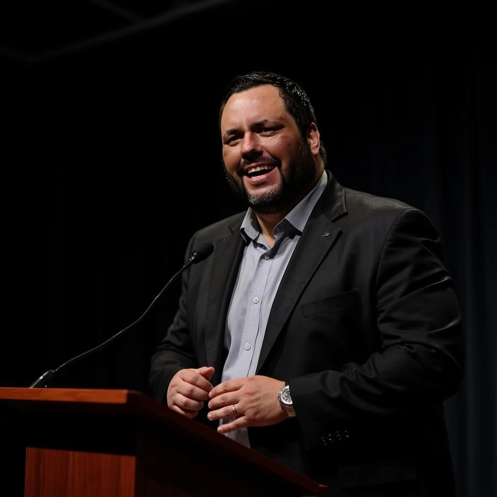 Thiago Machado ao púlpito, com microfone